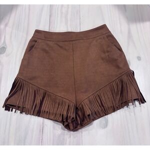 Oddy Brown Faux Suede Fringe Hem Shorts Elastic Waist IP14271 Womens Size M